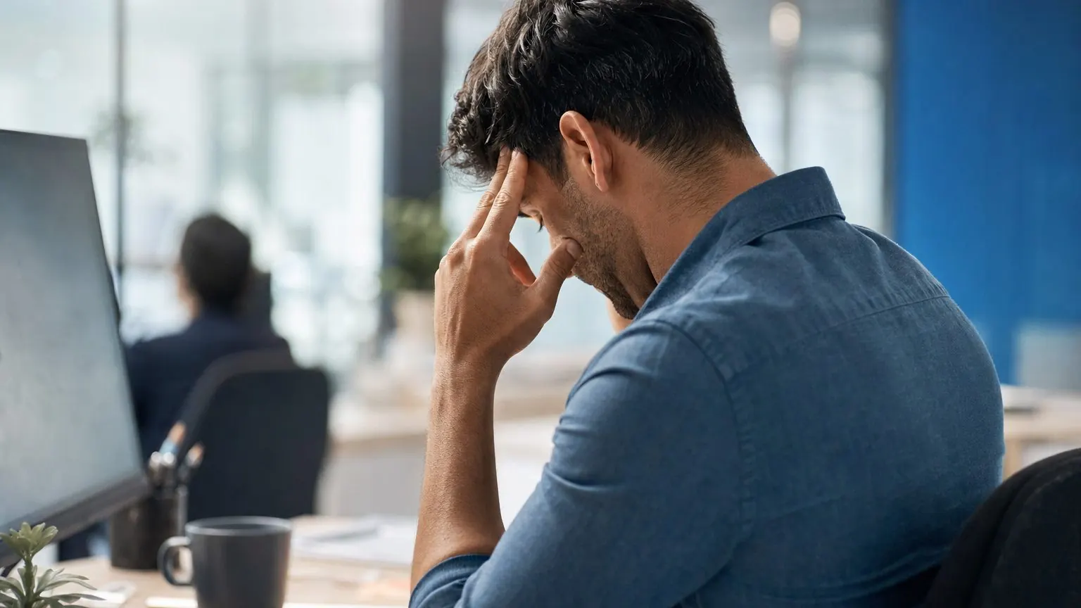 Actif fatigué se frottant les tempes à son bureau, symptôme d'un burn-out cerveau grillé