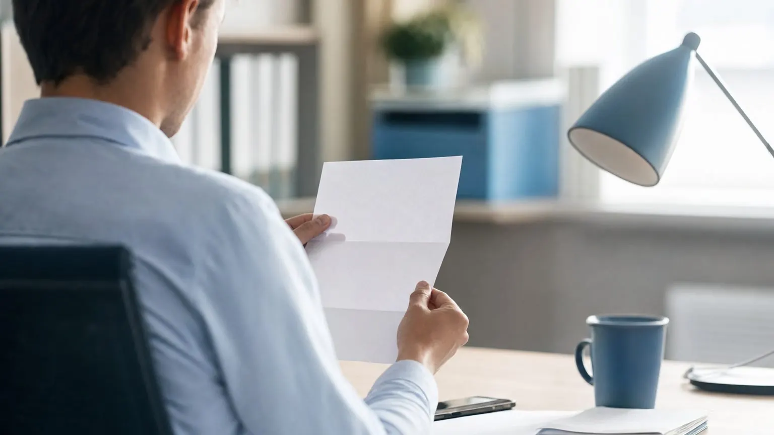 Salarié inquiet lisant une lettre de licenciement pendant un arrêt maladie pour burn-out