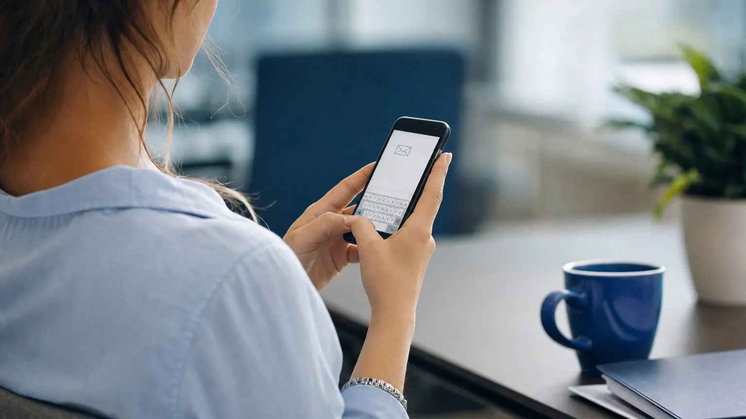 Personne envoyant un mail de remerciement après un entretien d'embauche depuis son smartphone