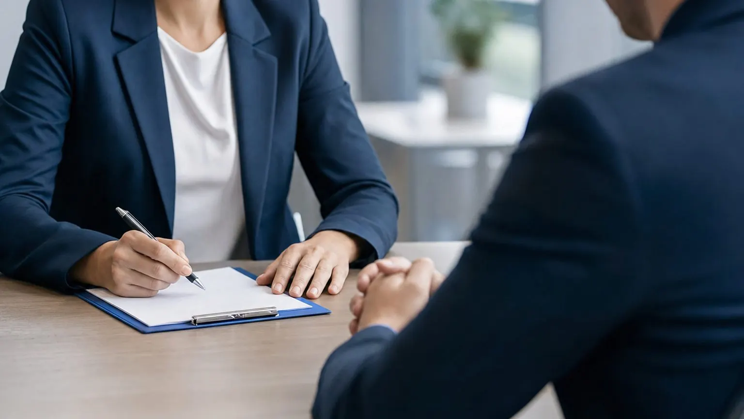 Mener un entretien d'embauche : manager et candidat face à face autour d'une table de bureau