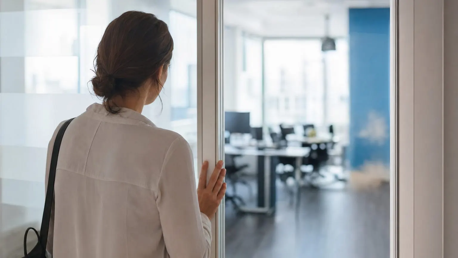 Personne hésitant devant l'entrée de son bureau après un burn-out