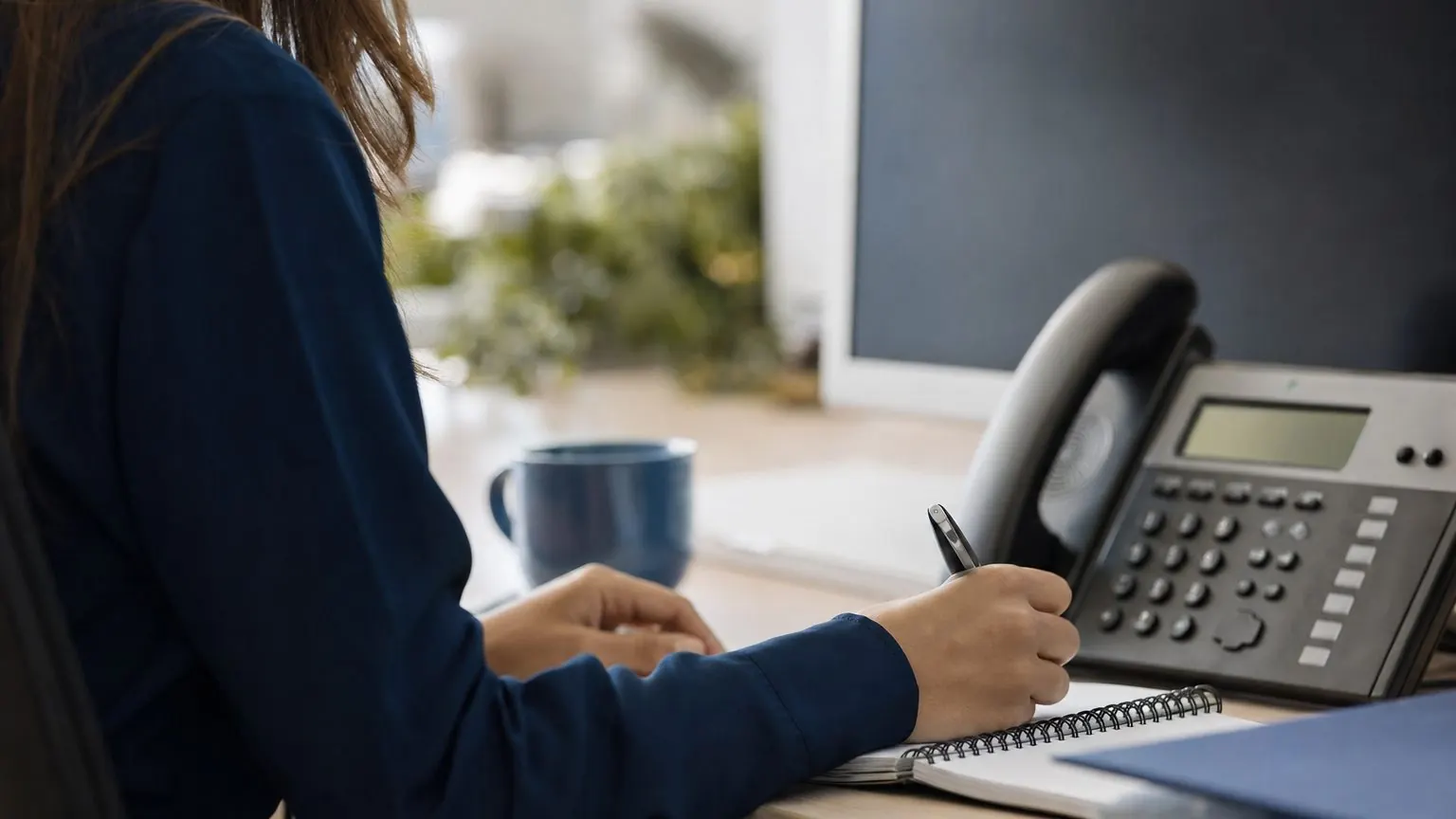 Préparer un entretien téléphonique : personne qui prend des notes à son bureau