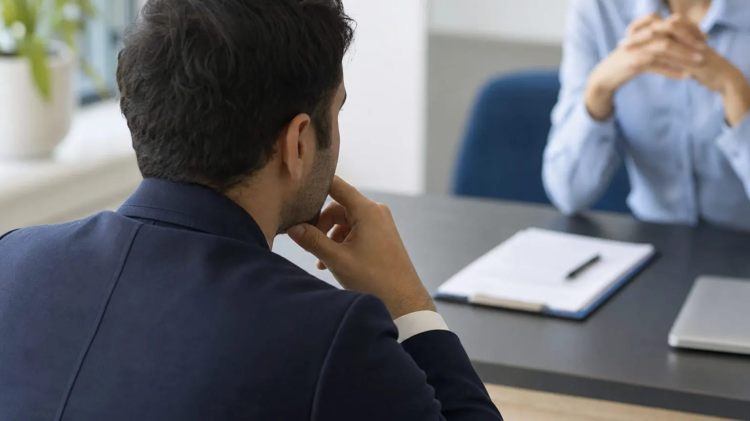 Candidat qui réfléchit avant de répondre à une question piège en entretien d'embauche