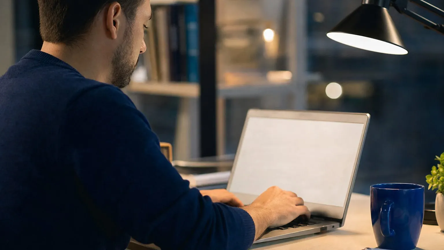Reconversion professionnelle en CDI : salarié qui prépare sa formation le soir sur un ordinateur